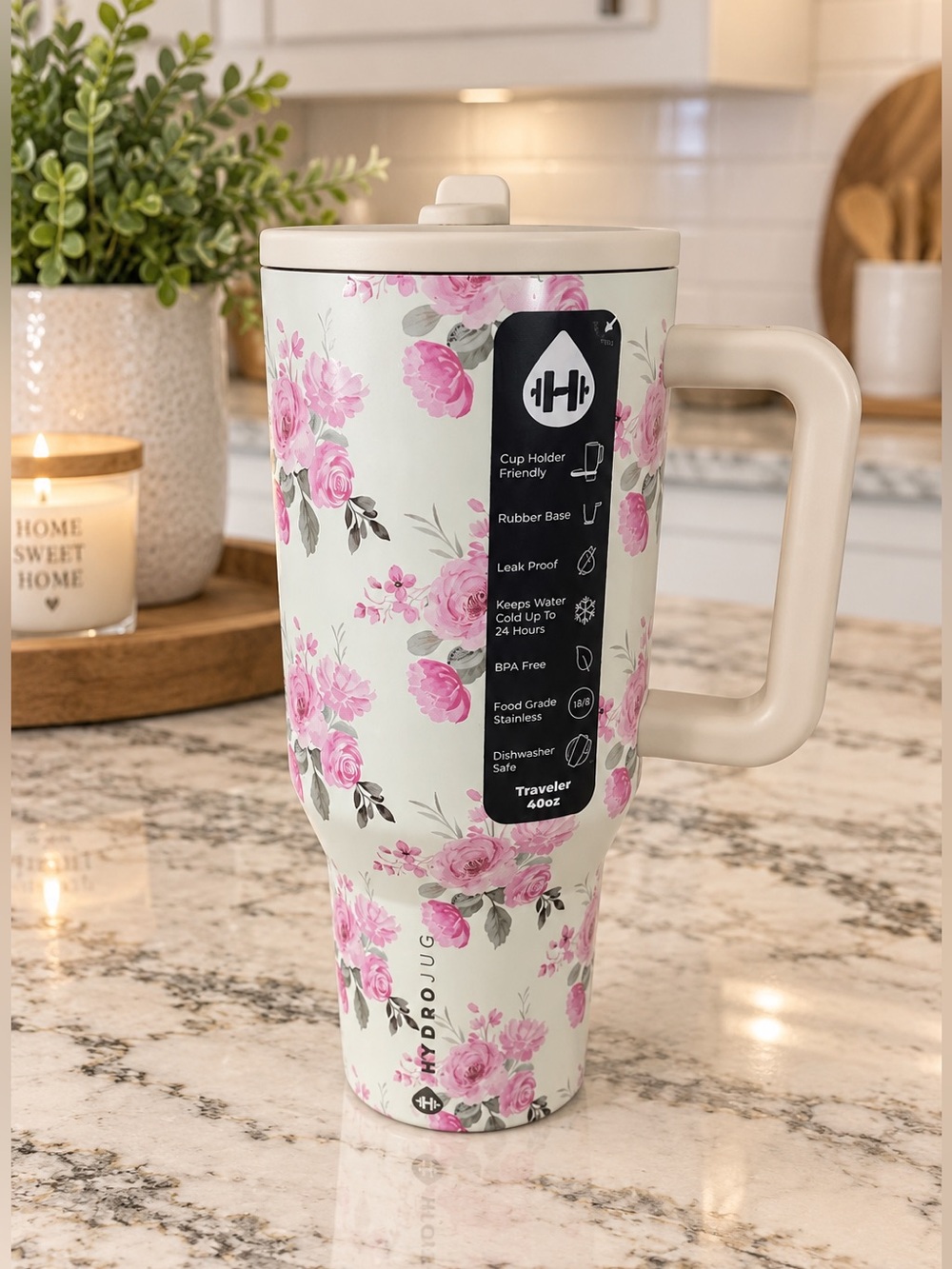 HydroJug Keepsake Floral Pink Rose 40oz Traveler Tumbler Limited Edition! NWT